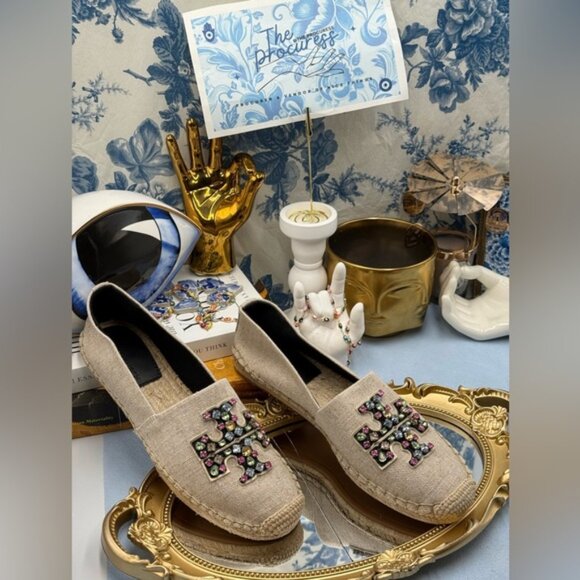 🆕 TORY BURCH 🧿 NWOB Ines Linen & Leather Bejewelled Espadrilles - Sz 8 M - Picture 3 of 11